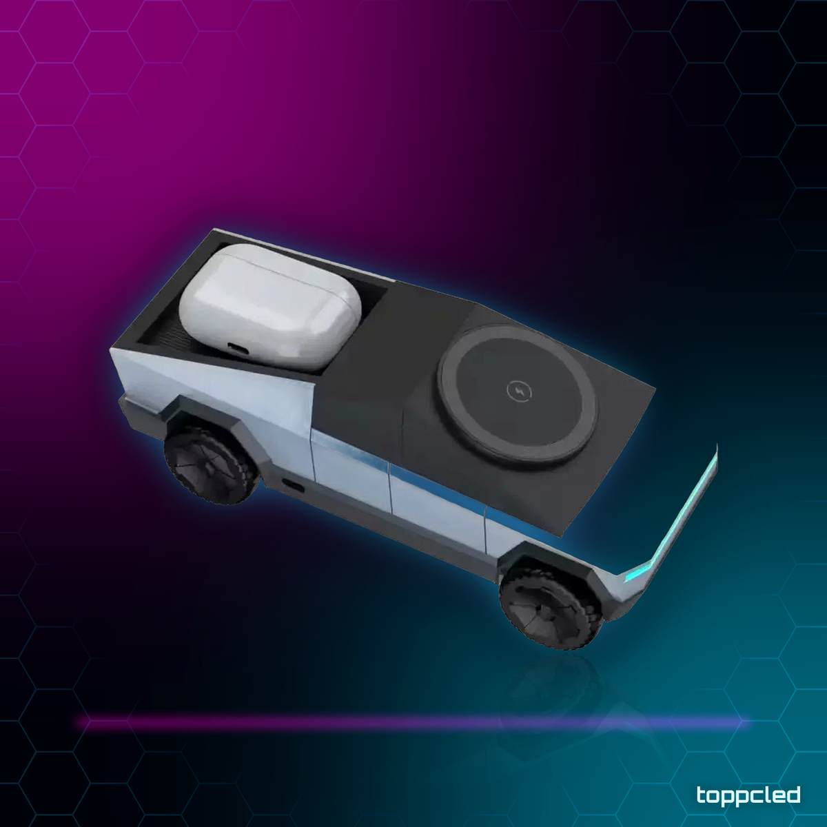 Cargador Inalámbrico Cybertruck 3 en 1 – Móvil, Reloj y Auriculares RGB