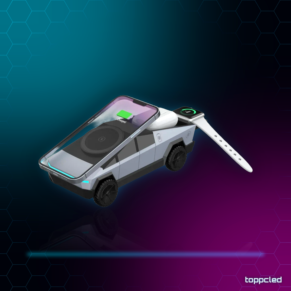 Cargador Inalámbrico Cybertruck 3 en 1 – Móvil, Reloj y Auriculares RGB