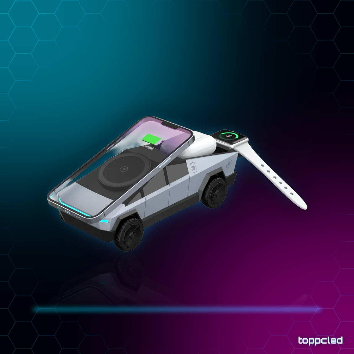 Cargador Inalámbrico Cybertruck 3 en 1 – Móvil, Reloj y Auriculares RGB