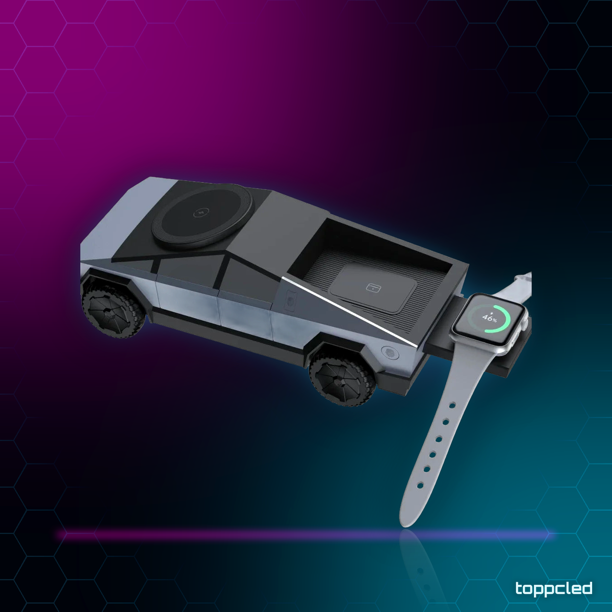 Cargador Inalámbrico Cybertruck 3 en 1 – Móvil, Reloj y Auriculares RGB