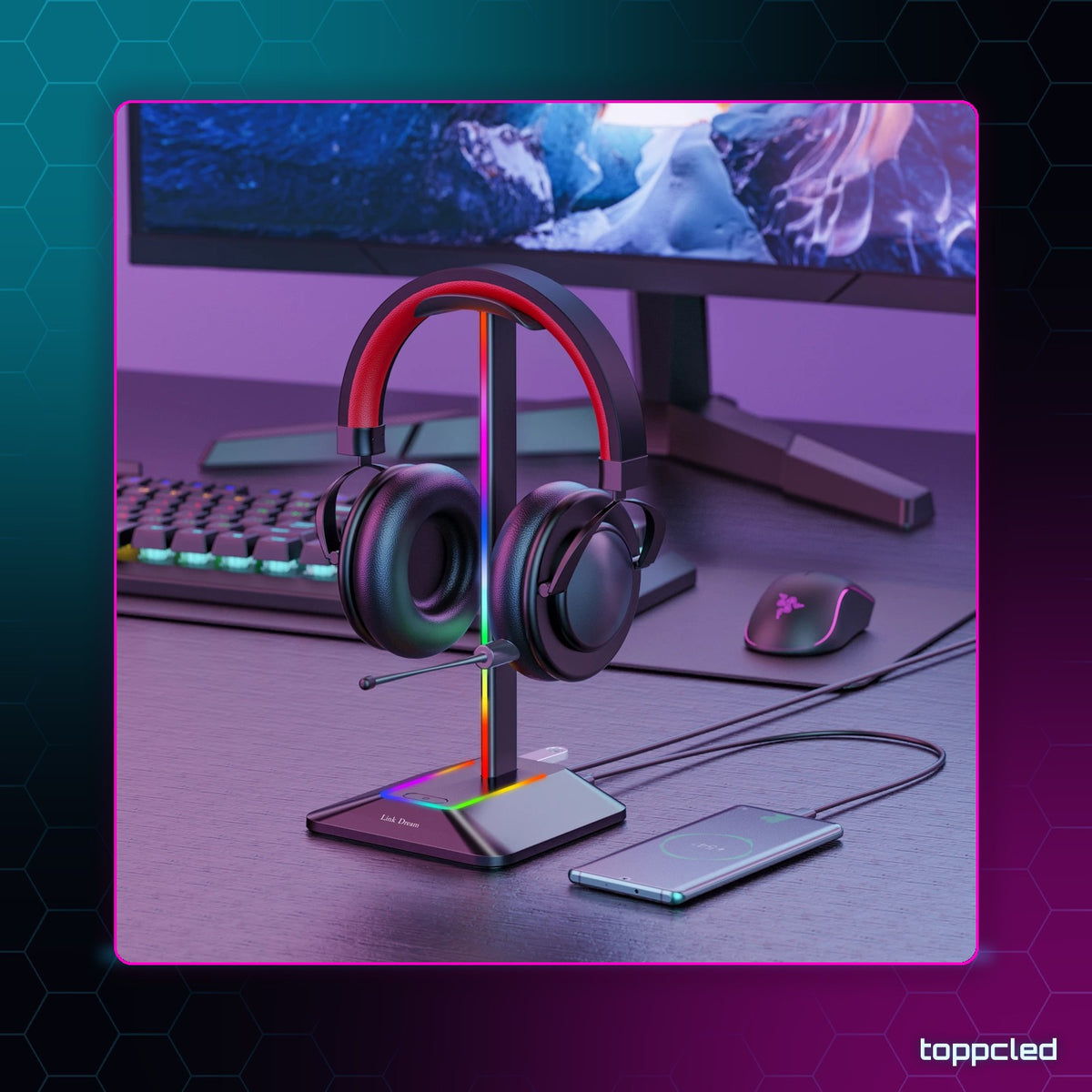 Soporte Auriculares RGB con 2 Puertos USB – Gaming